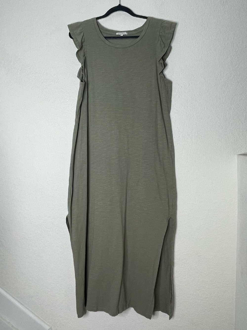 Z Supply Blakely Slub Ruffle Maxi Dress Womens XL Olive Green Cotton Side Slit